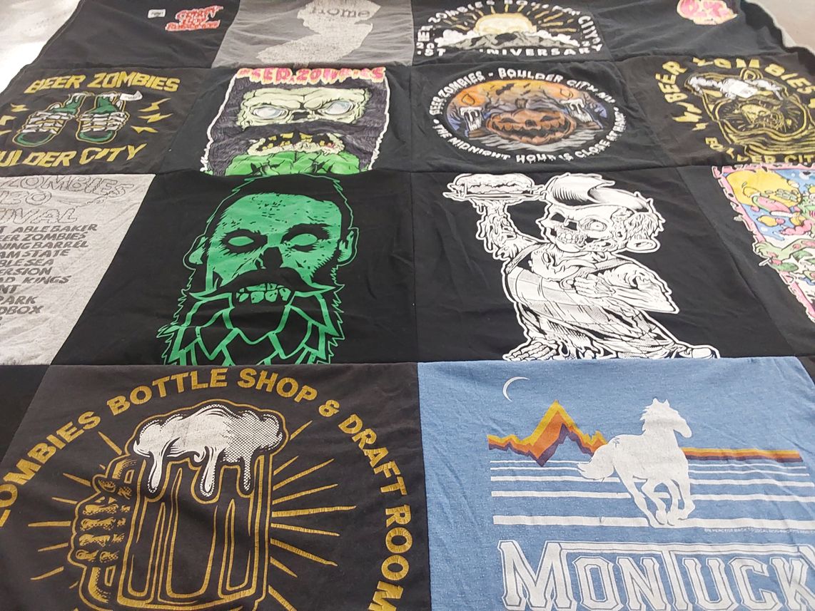 T-shirt quilt with craft beer, zombie culture themes by Doreen from NV