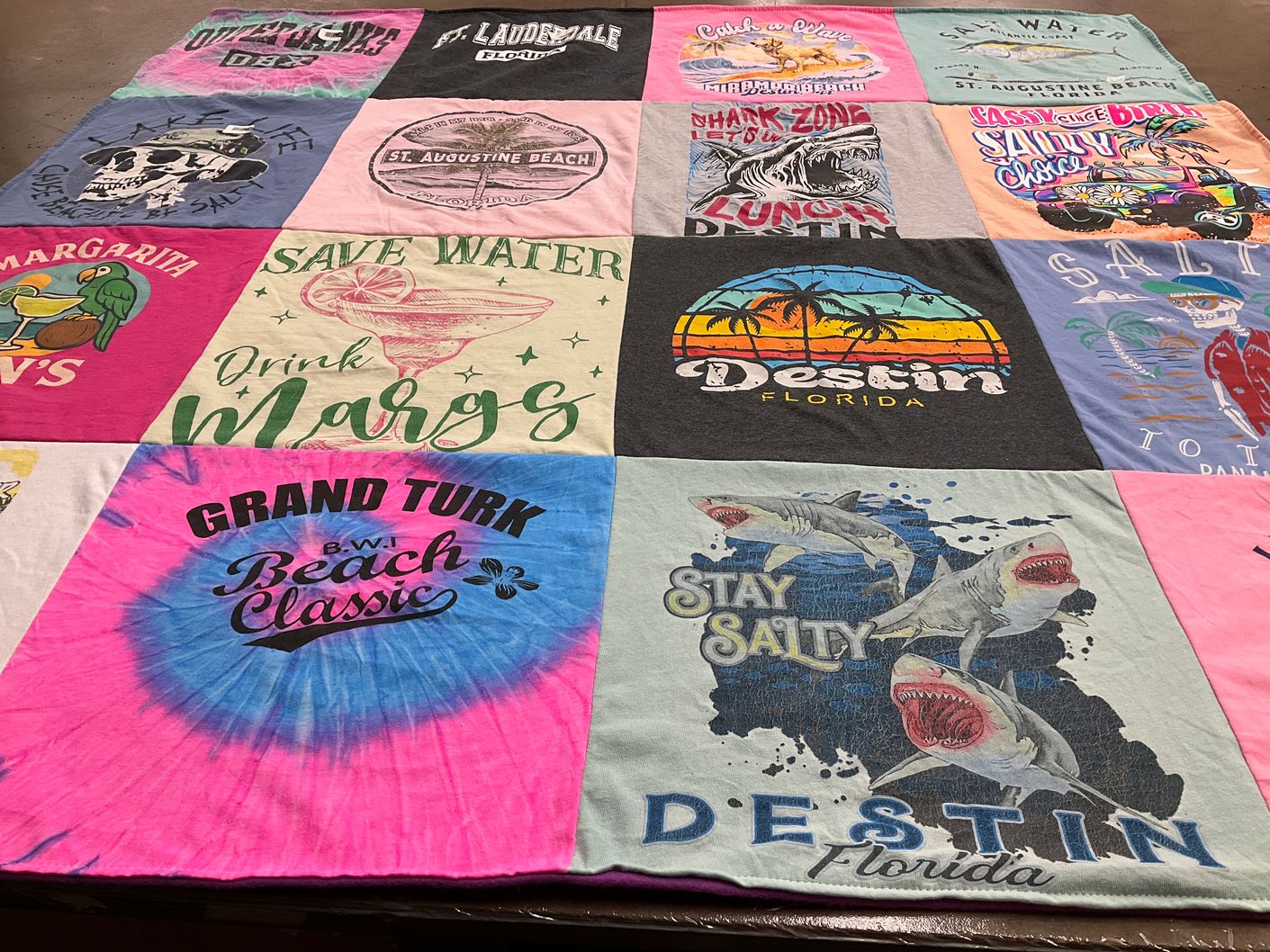 T-shirt quilt with beach, vacation themes by Emily from MI