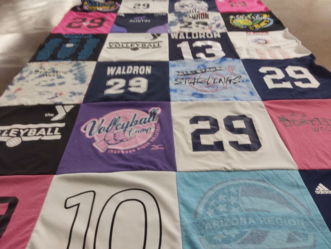 T-shirt quilt with volleyball themes by Melanie from AZ