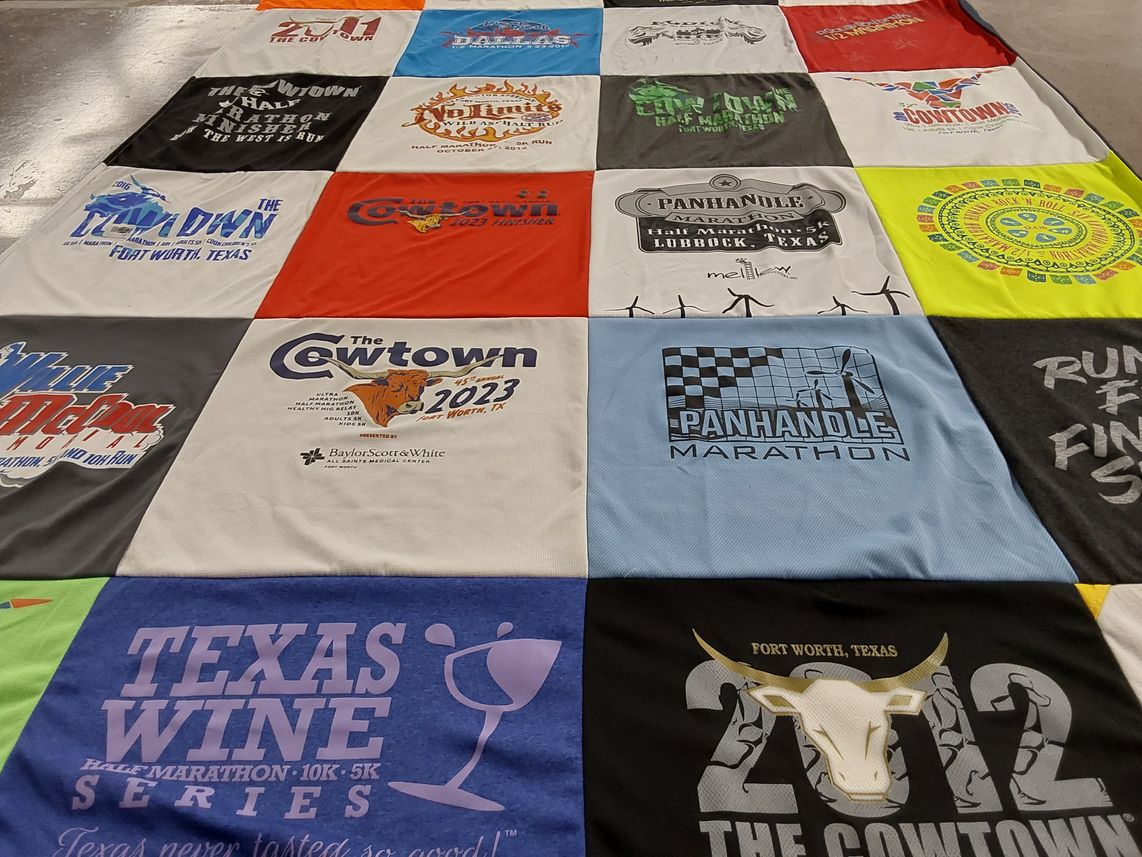 T-shirt quilt with running, races themes by Trent from TX