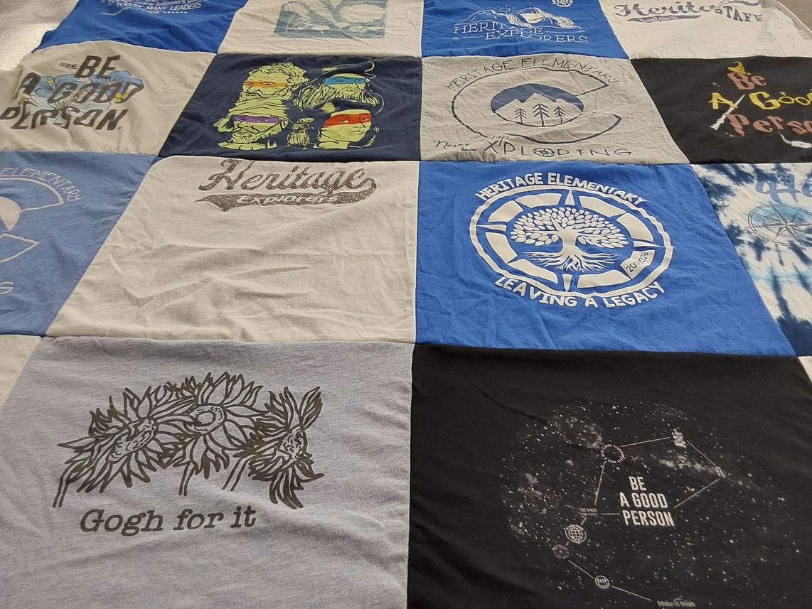 T-shirt quilt from heritage elementary school by Emily from CO