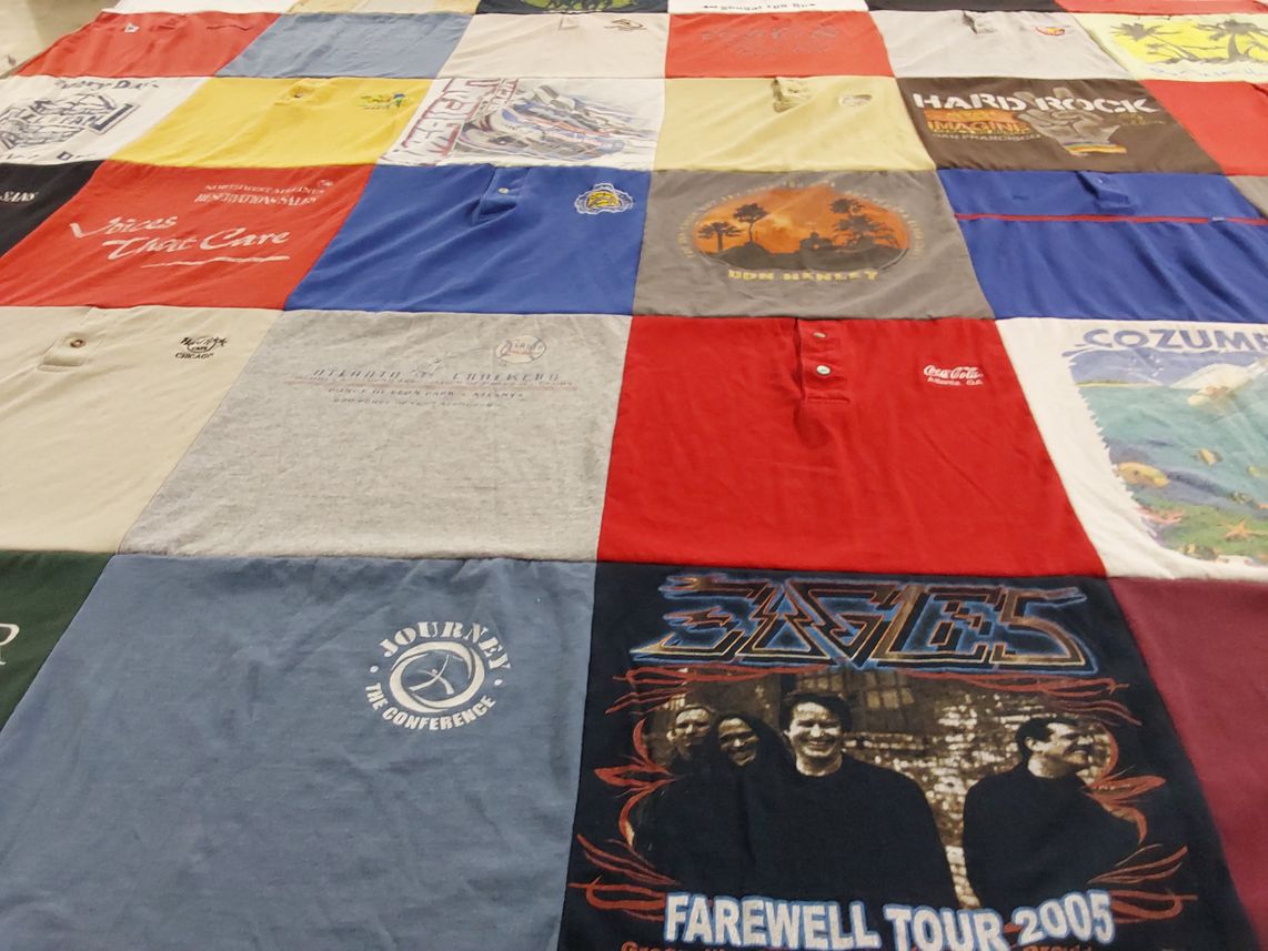 T-shirt quilt with music, travel themes by Jessica from GA