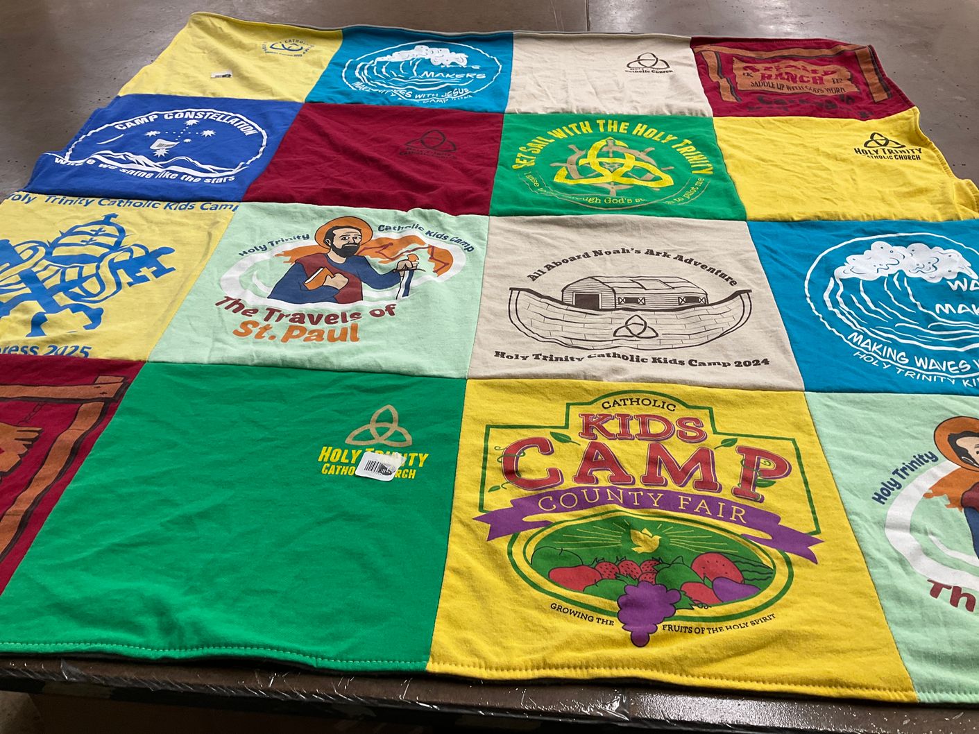 T-shirt quilt with catholic education, children's camps themes by Joan from VA