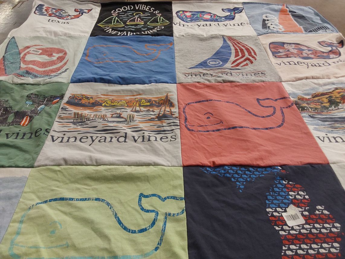 T-shirt quilt with fashion, outdoor themes by Andrea from TX