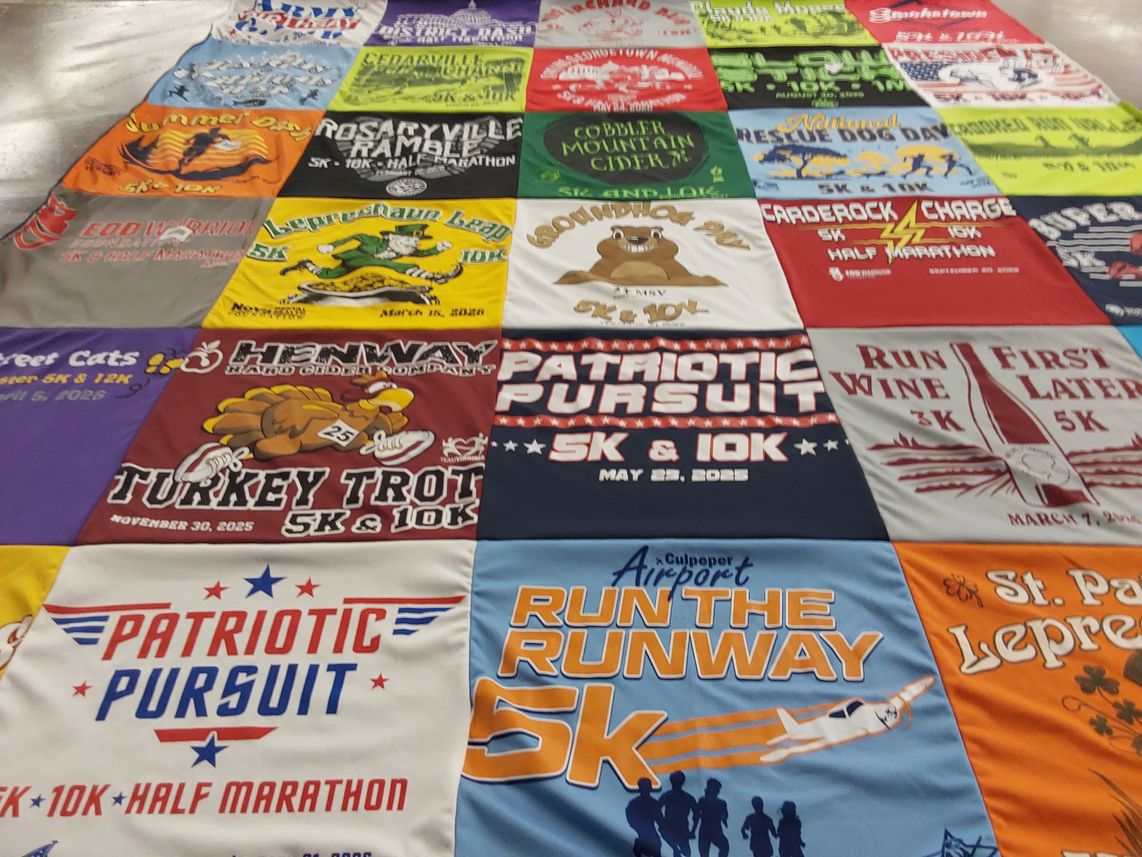 T-shirt quilt with running, fitness themes by Donna from WV
