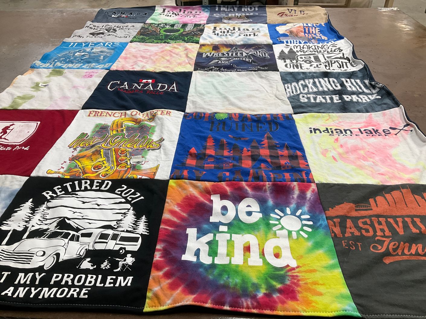 T-shirt quilt with traveling, camping themes by patricia from OH