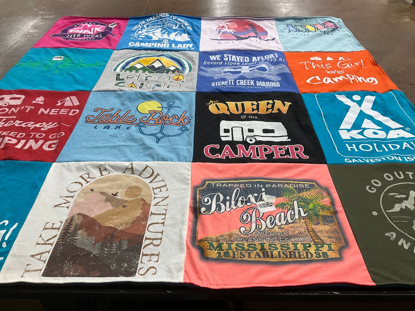 T-shirt quilt with outdoor activities, camping themes by Angela from MO