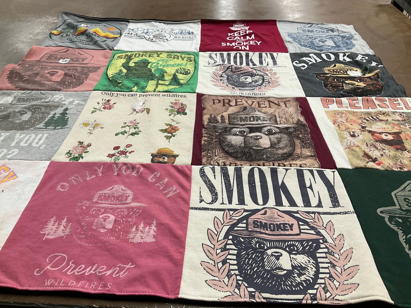 T-shirt quilt with environmental awareness, wildfire prevention themes by Cyndi from IL