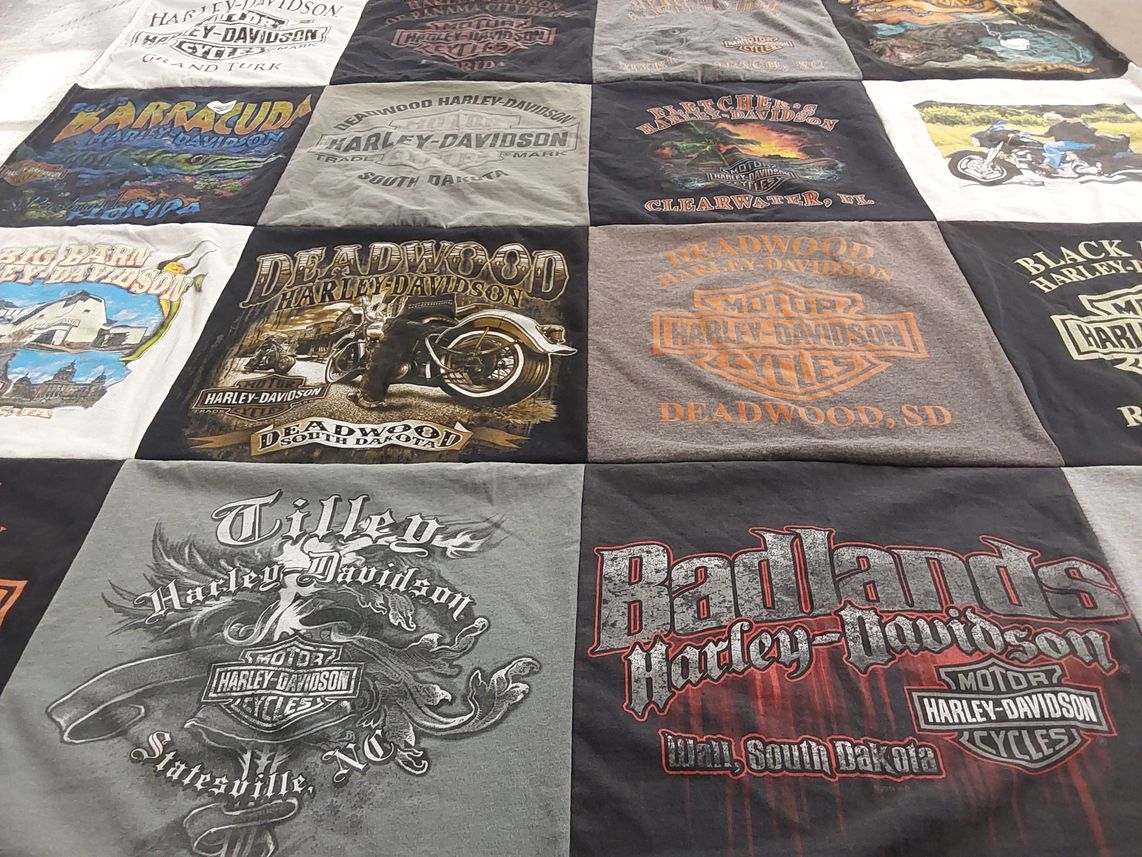 T-shirt quilt with motorcycles, biking themes by Penny from OH
