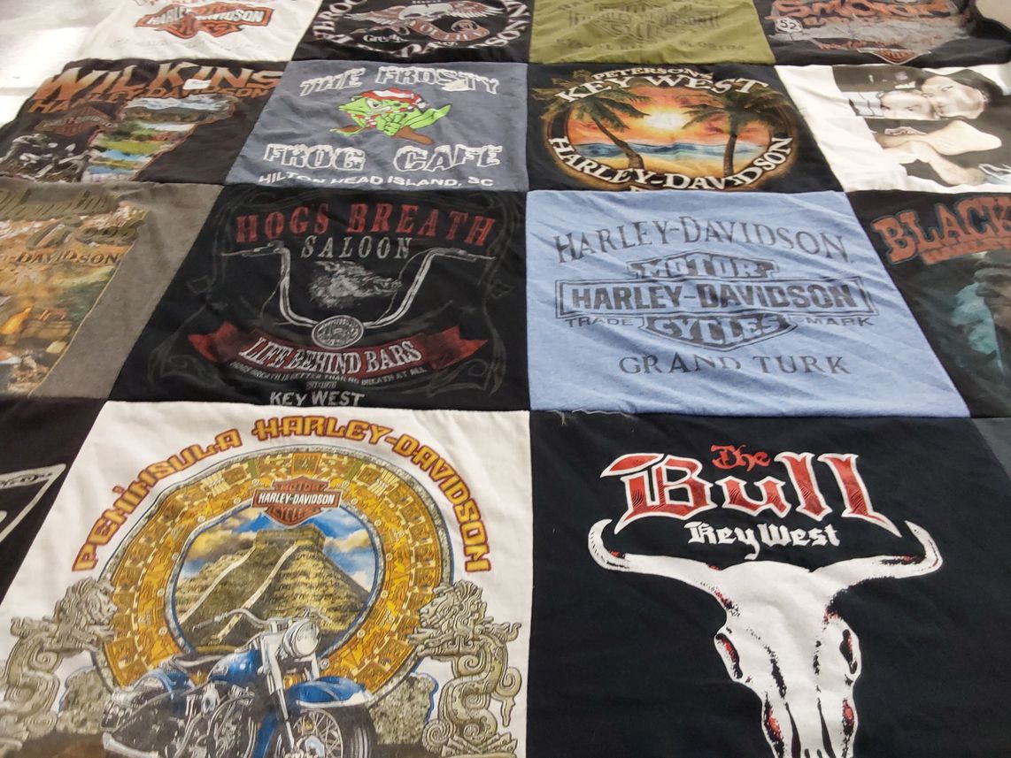 T-shirt quilt with motorcycling, beach culture themes by Penny from OH