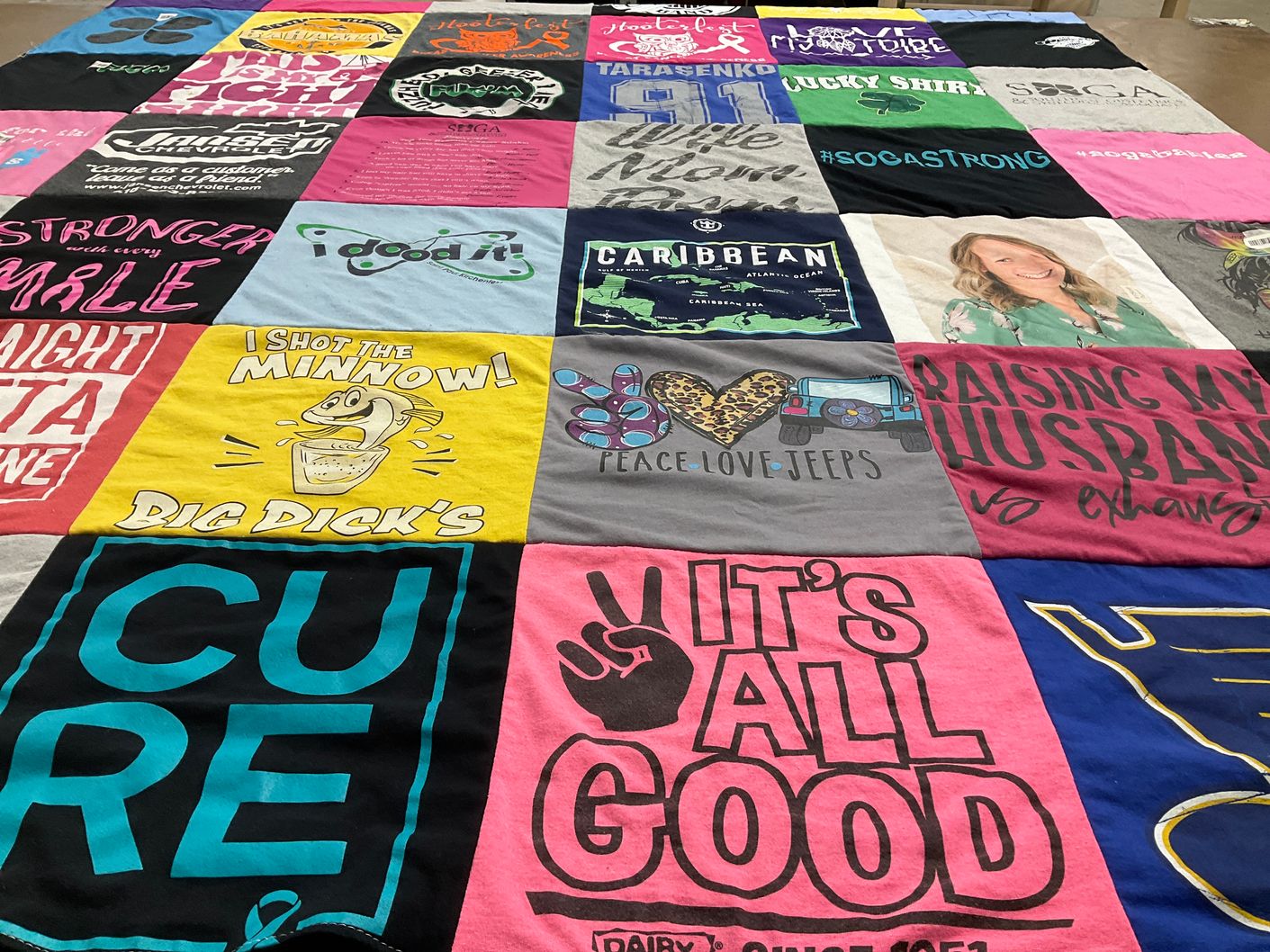 T-shirt quilt with jeeps, fishing themes by Marcia from IL