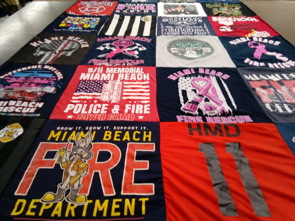 T-shirt quilt with fire safety, emergency services themes by Diego from FL