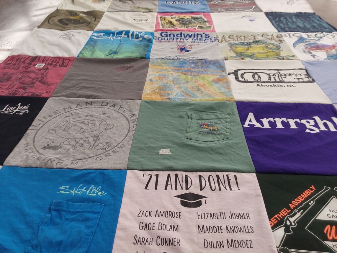 T-shirt quilt with fishing, graduation themes by jeana from NC