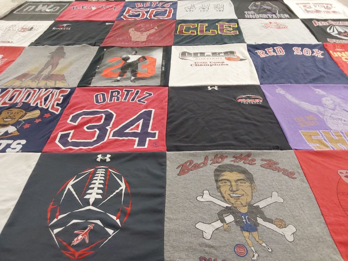 T-shirt quilt with baseball, basketball themes by Megan from OH