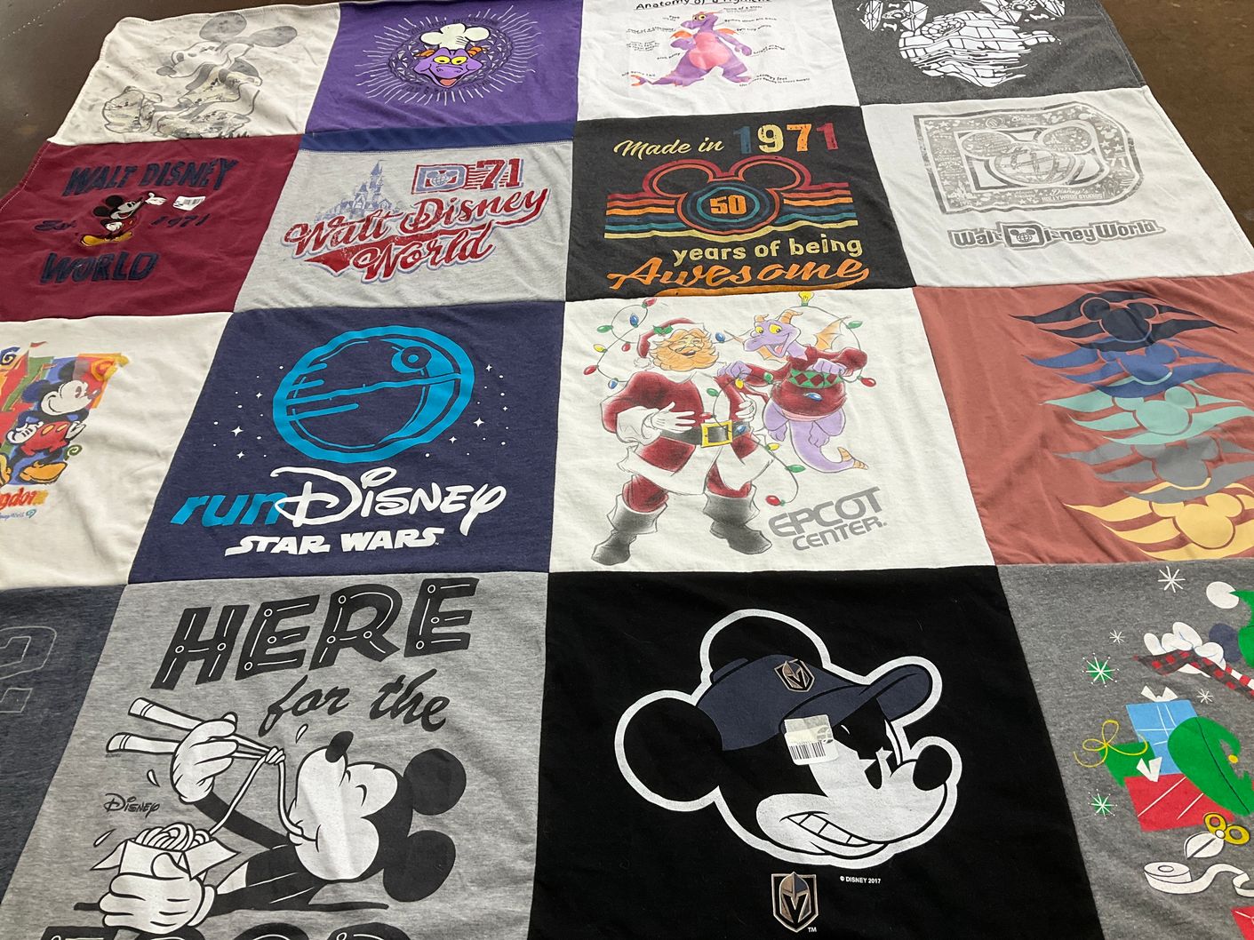 T-shirt quilt with disney, theme parks themes by Cathie from IA