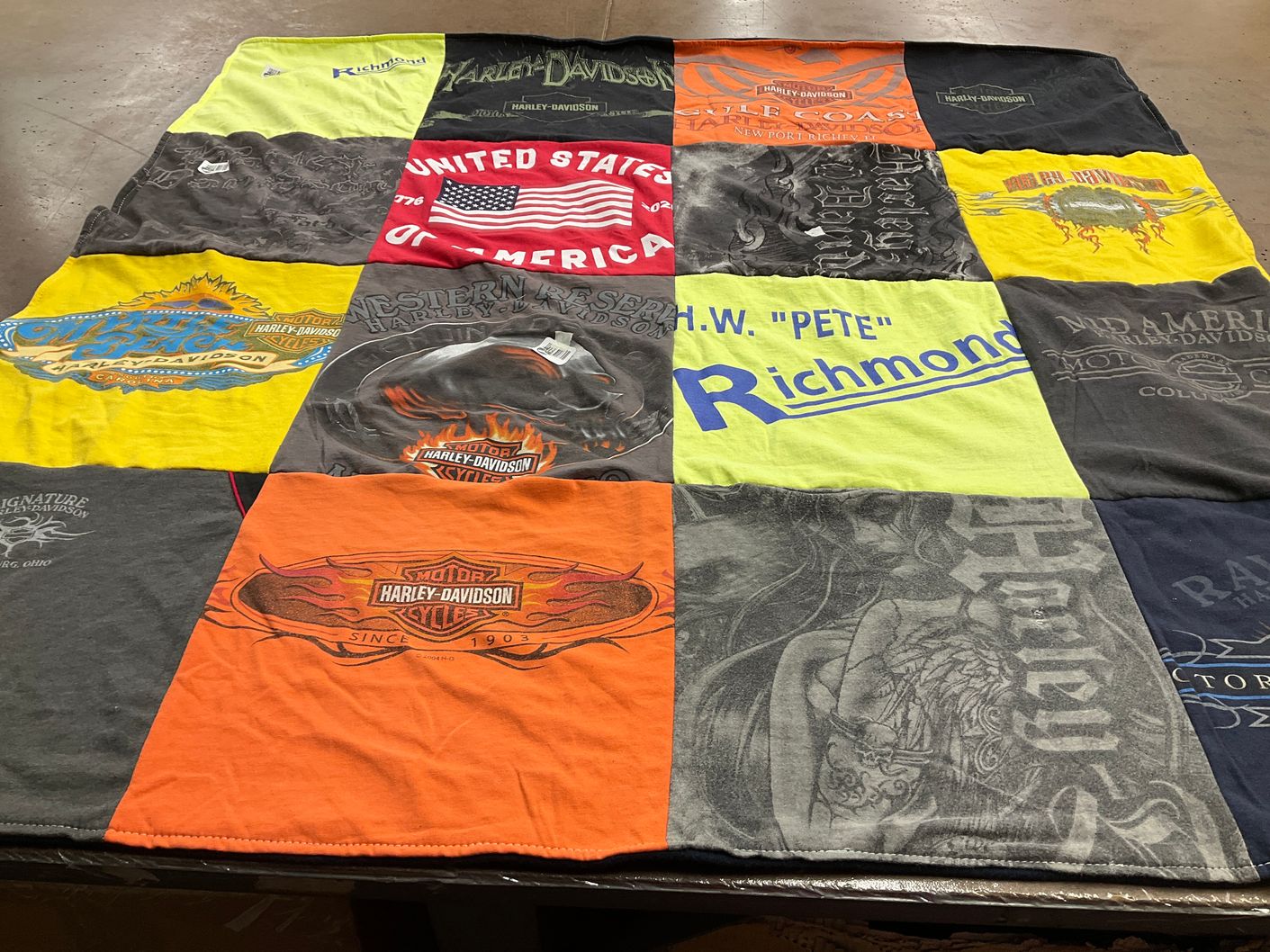 T-shirt quilt with motorcycles, biking themes by Linda from OH