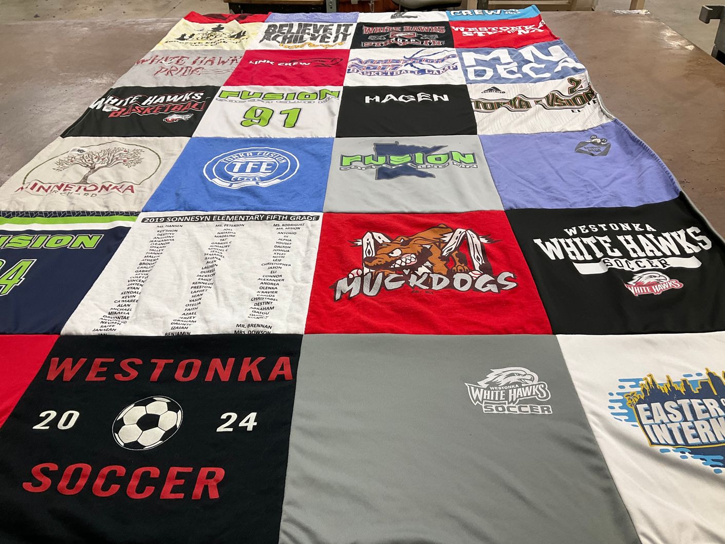 T-shirt quilt featuring westonka white hawks, kinnetonka muckdogs by Kari from MN