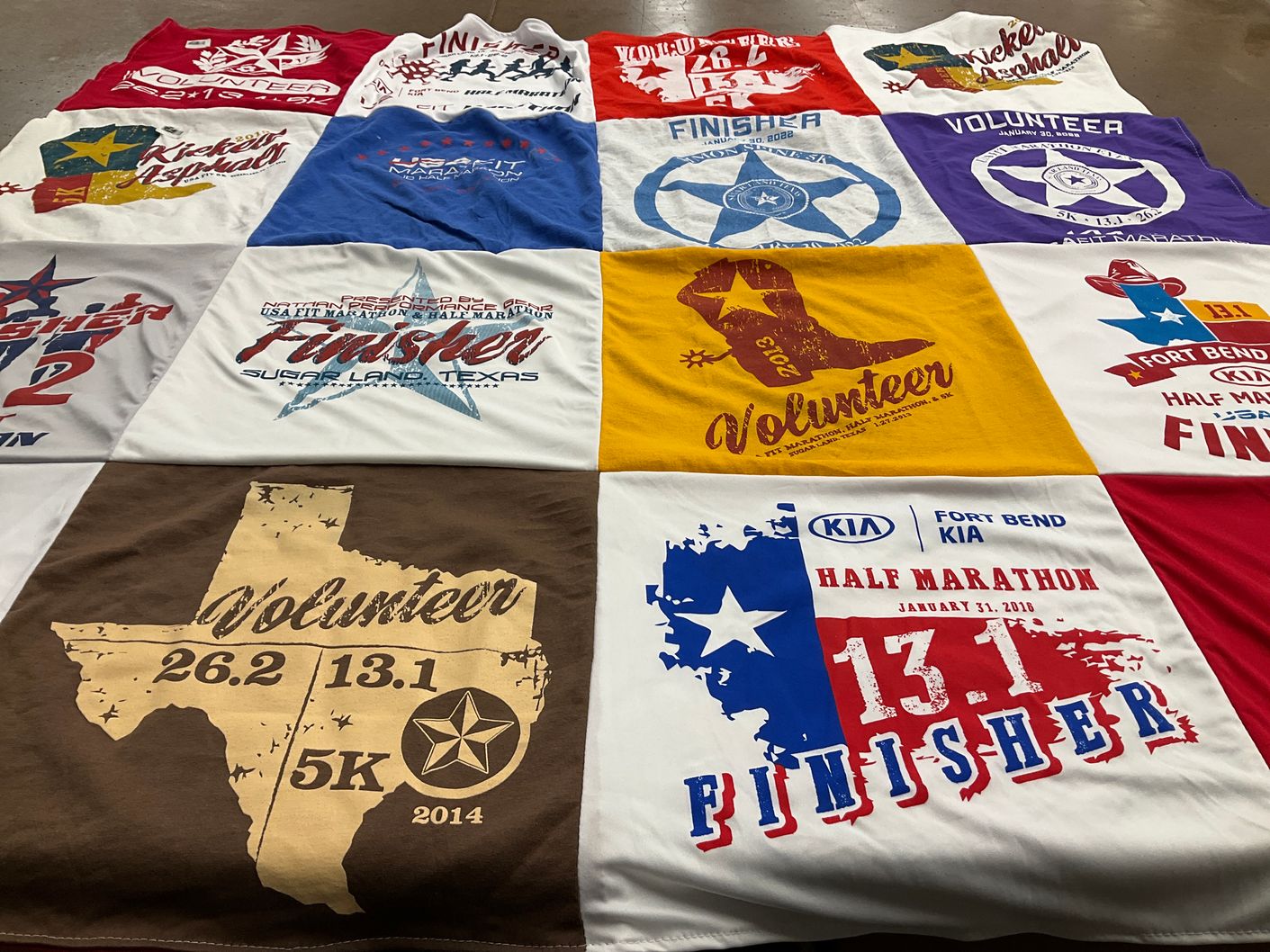 T-shirt quilt with running, volunteering themes by Terrie from TX