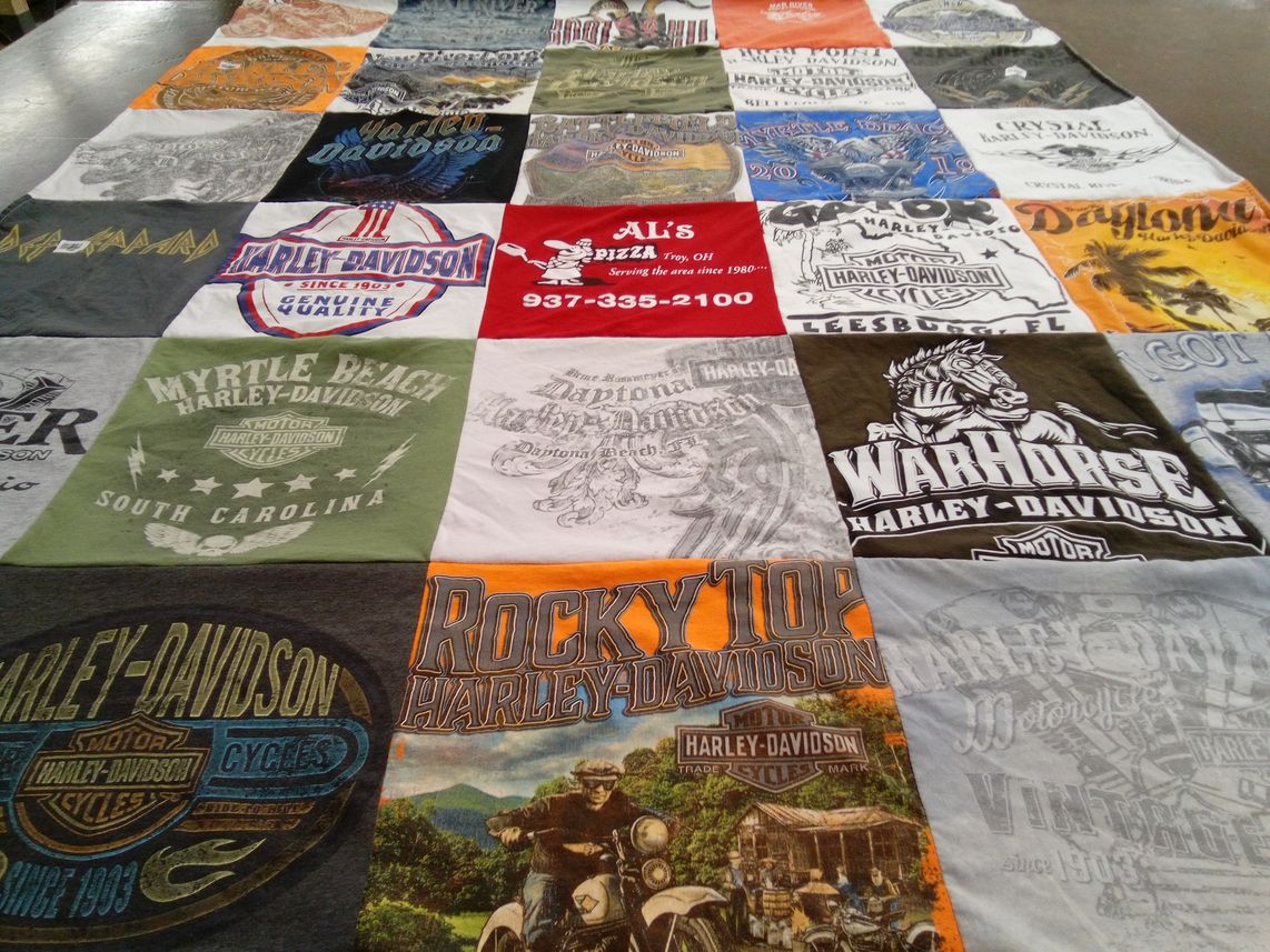 T-shirt quilt with motorcycles, biking themes by Mary from OH