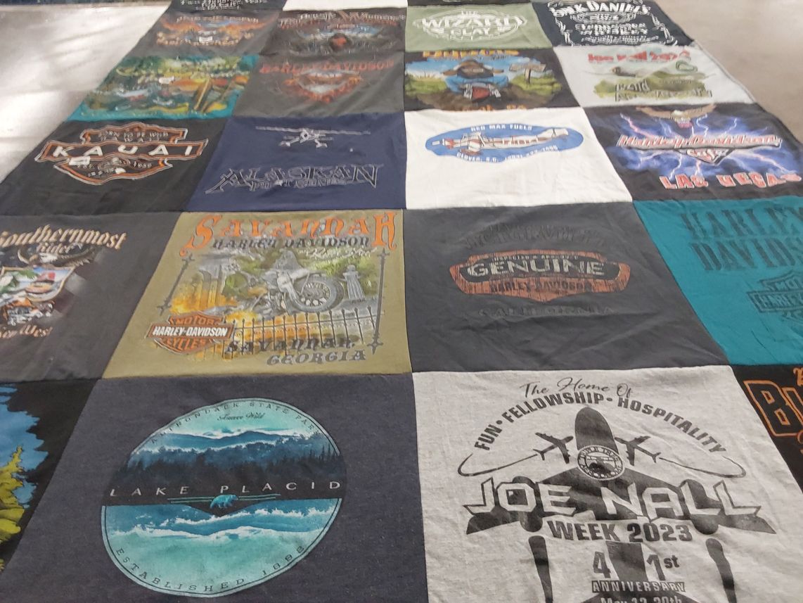 T-shirt quilt with motorcycles, travel themes by Andi from SC