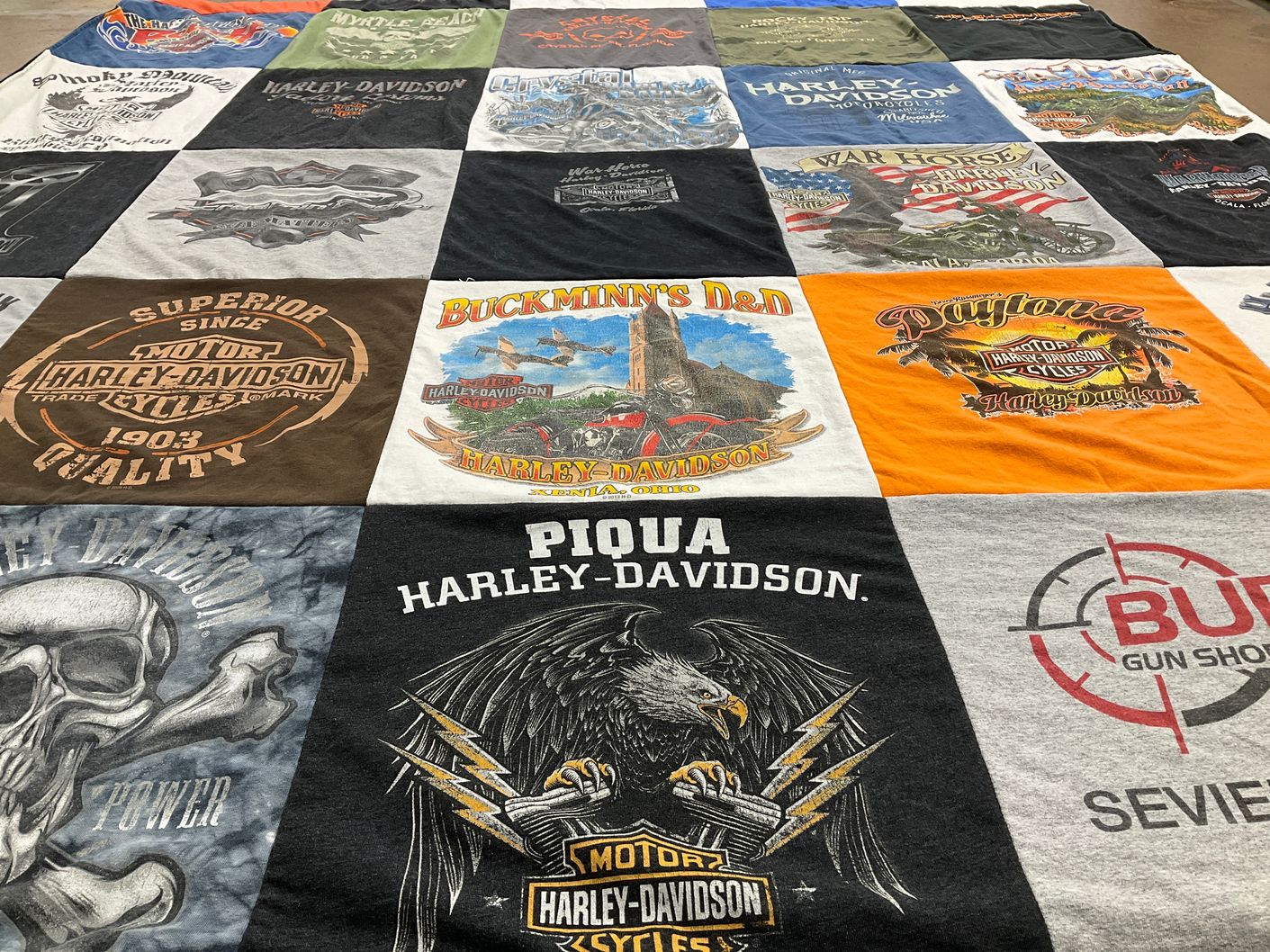 T-shirt quilt with motorcycles, harley-davidson themes by Mary from FL