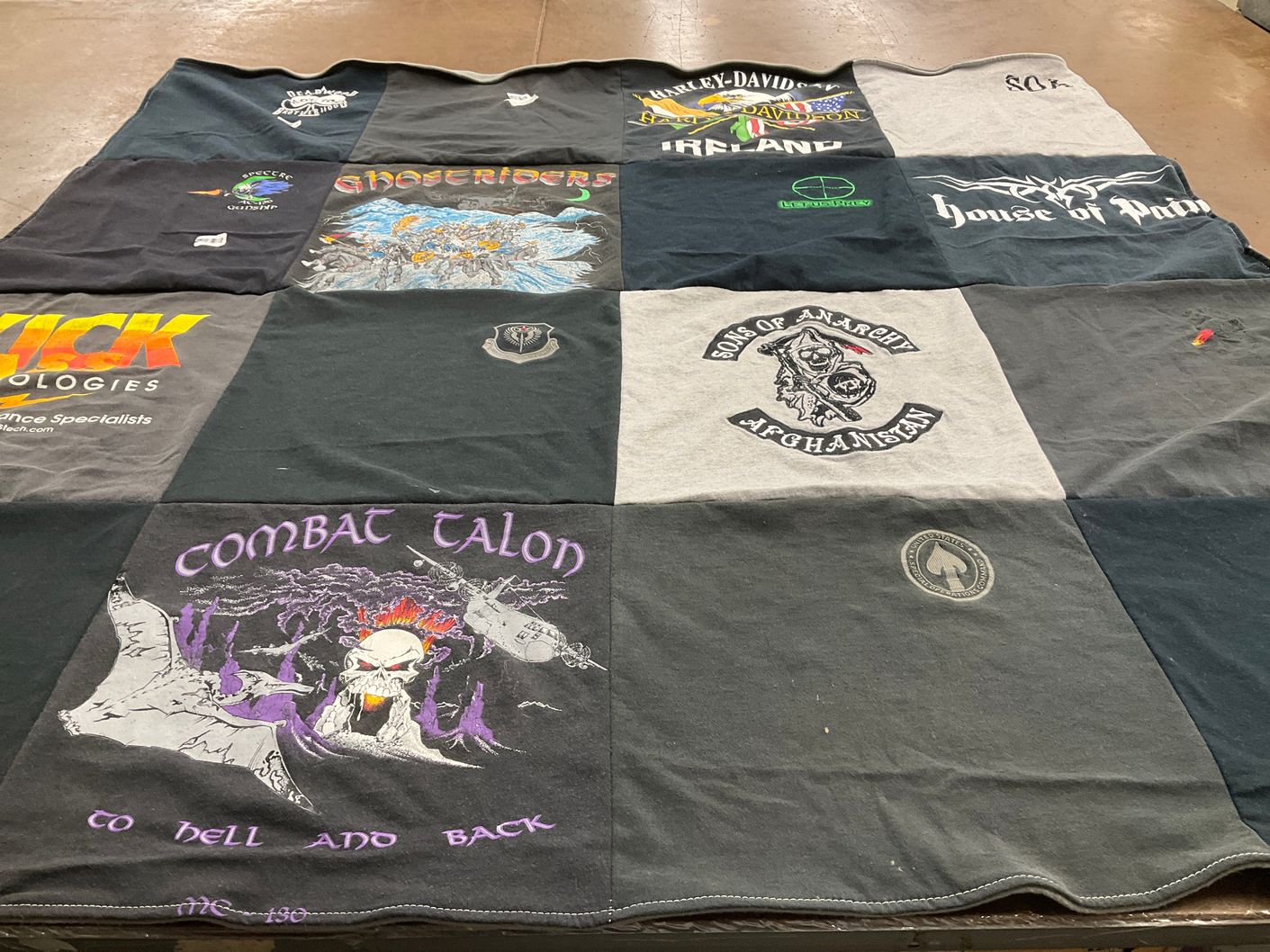 T-shirt quilt with motorcycles, military themes by Leah from NM