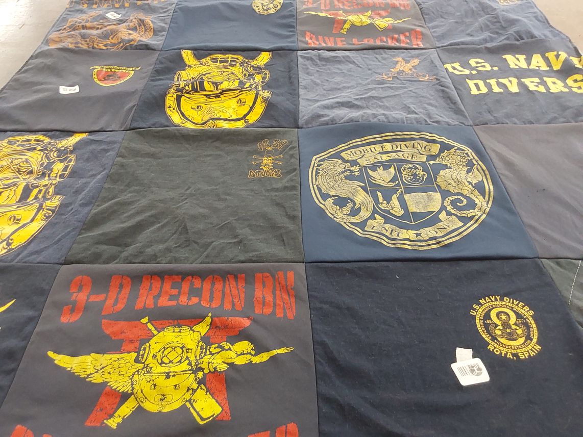 T-shirt quilt with military, diving themes by Jasmine from AE