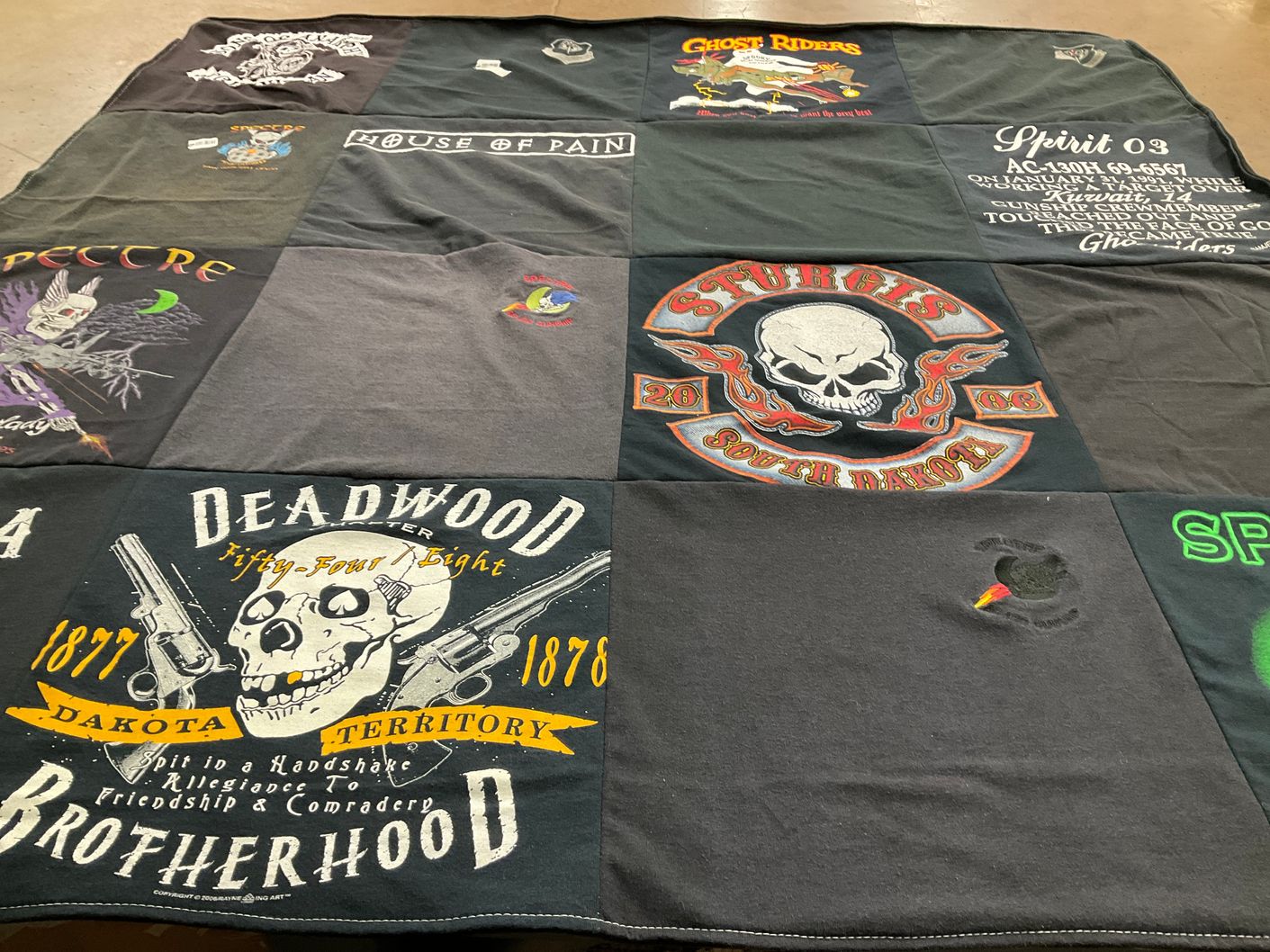 T-shirt quilt with motorcycling, biker culture themes by Leah from NM