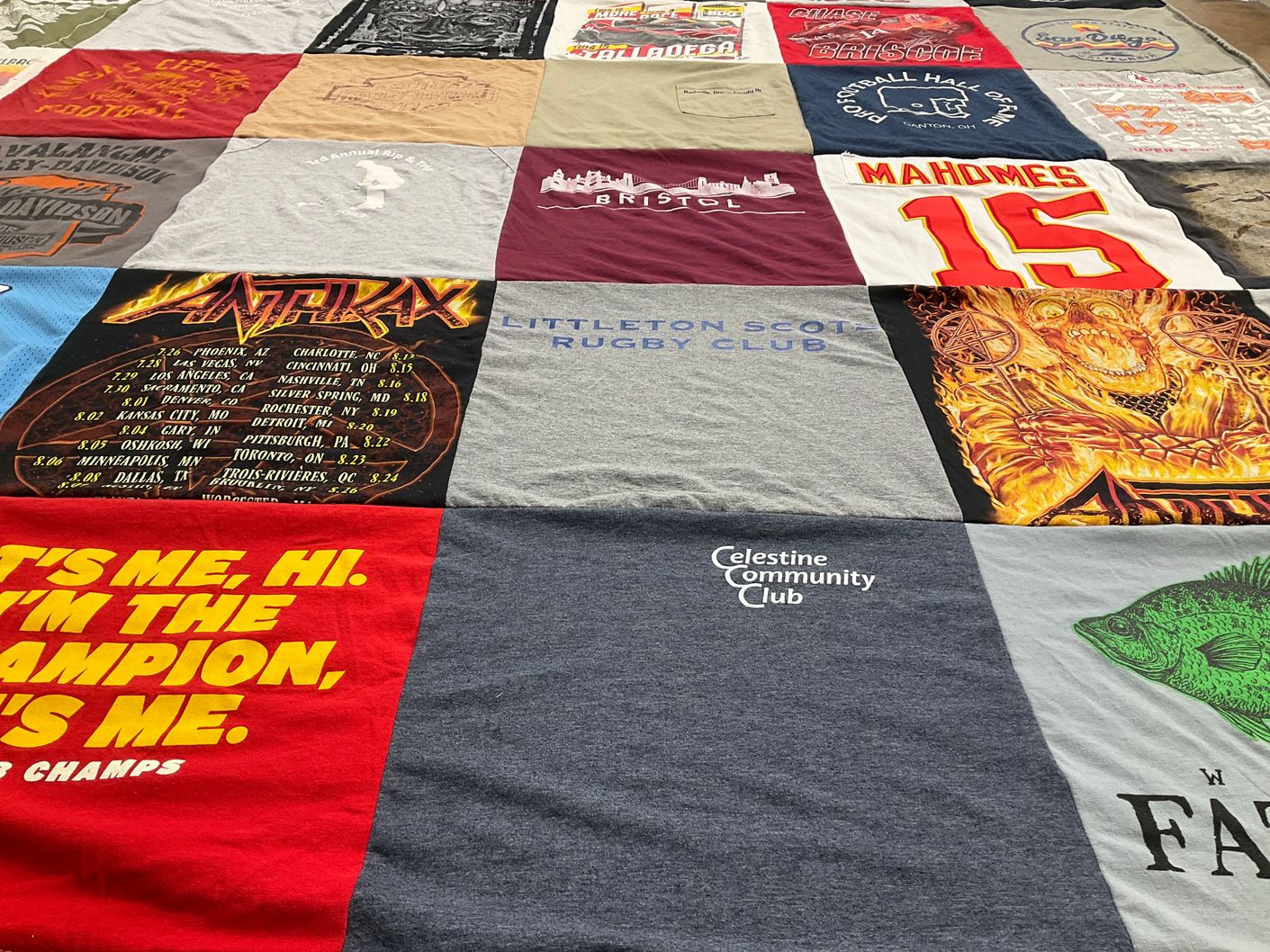 T-shirt quilt with music, rugby themes by Kyle from CO