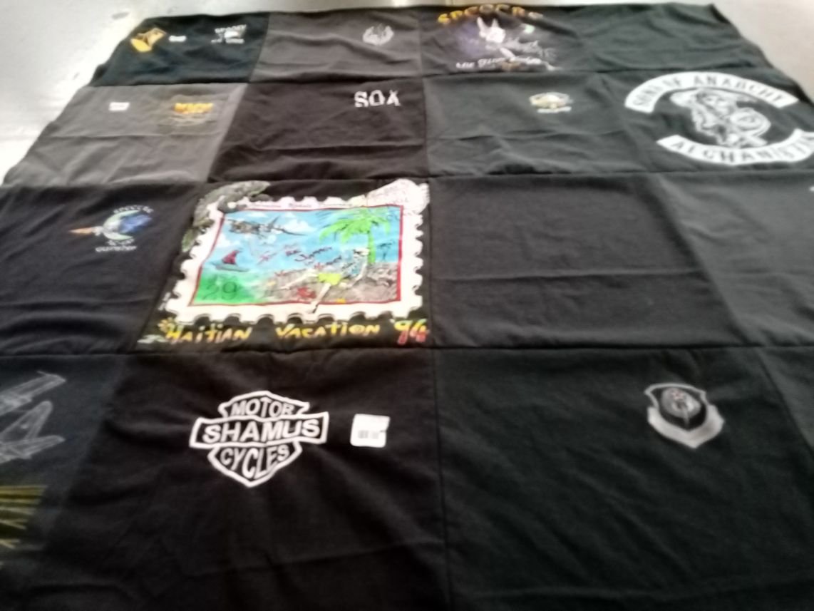T-shirt quilt with motorcycles, travel themes by Leah from NM