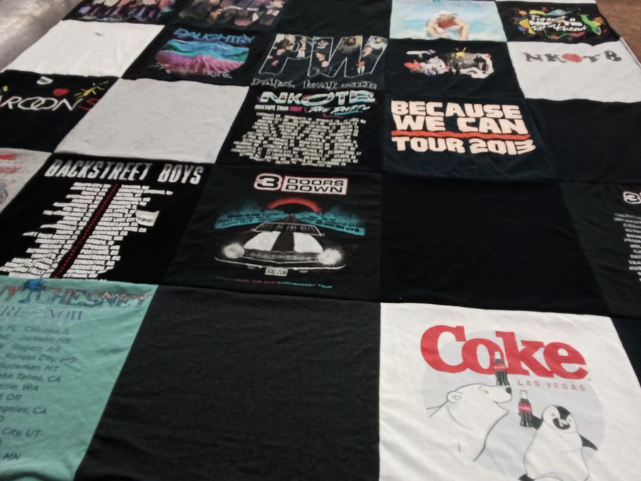 T-shirt quilt with music, concerts themes by Barbara from MN