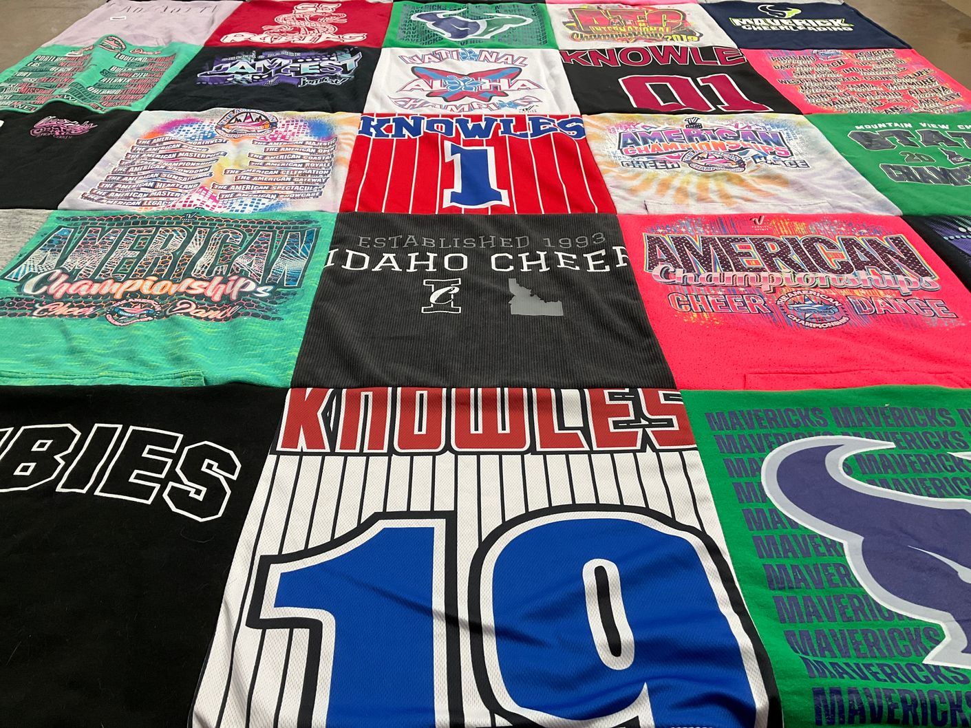 T-shirt quilt with cheerleading, dance competitions themes by Eric from ID