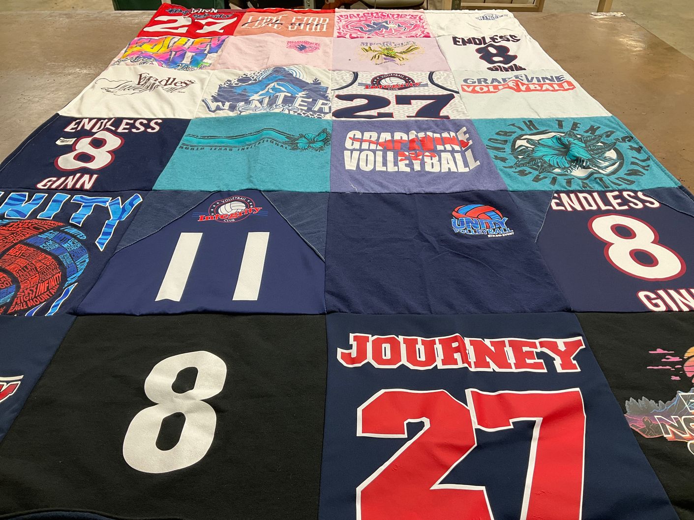 T-shirt quilt with volleyball themes by Journey from TX