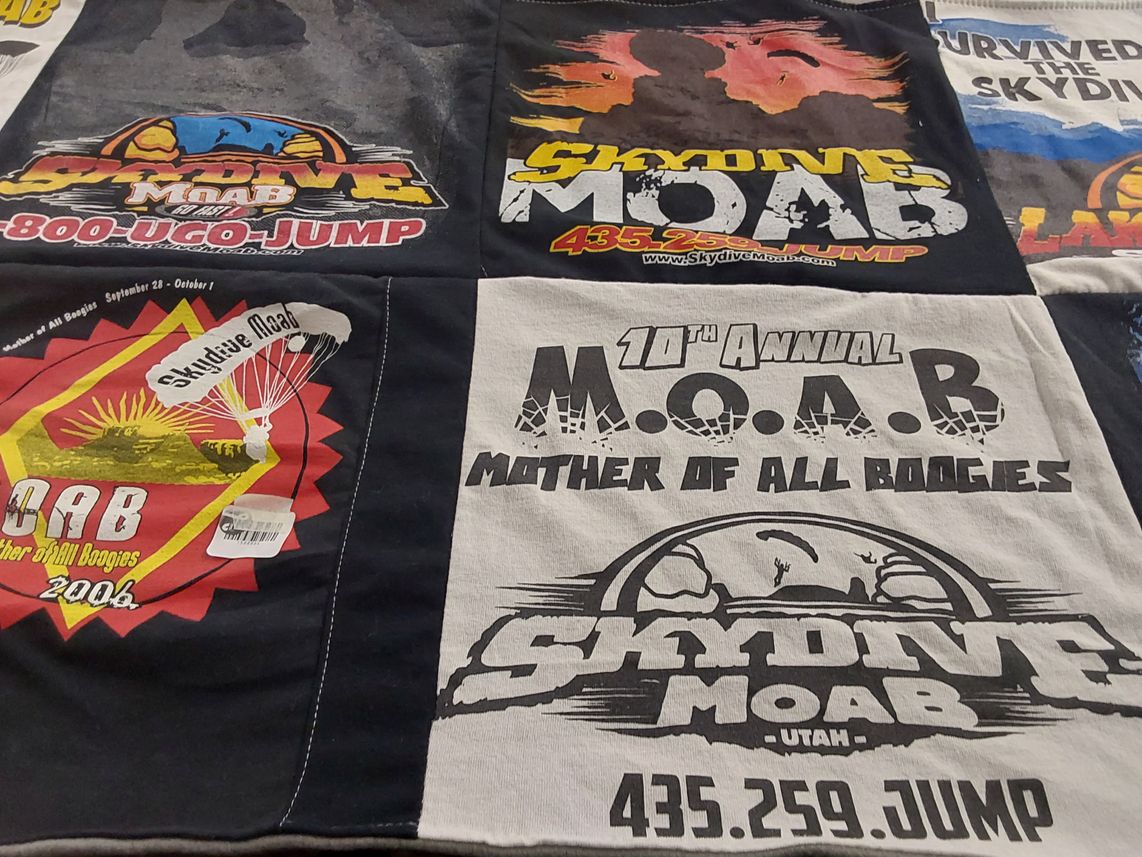 T-shirt quilt with skydiving themes by Jenny from UT