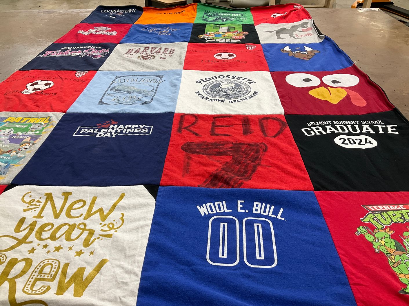T-shirt quilt from harvard university, belmont nursery school by Elizabeth from MA