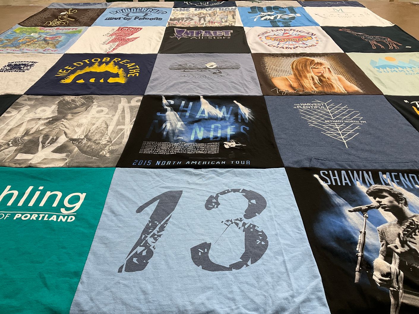 T-shirt quilt with music, concerts themes by Meghan from OR
