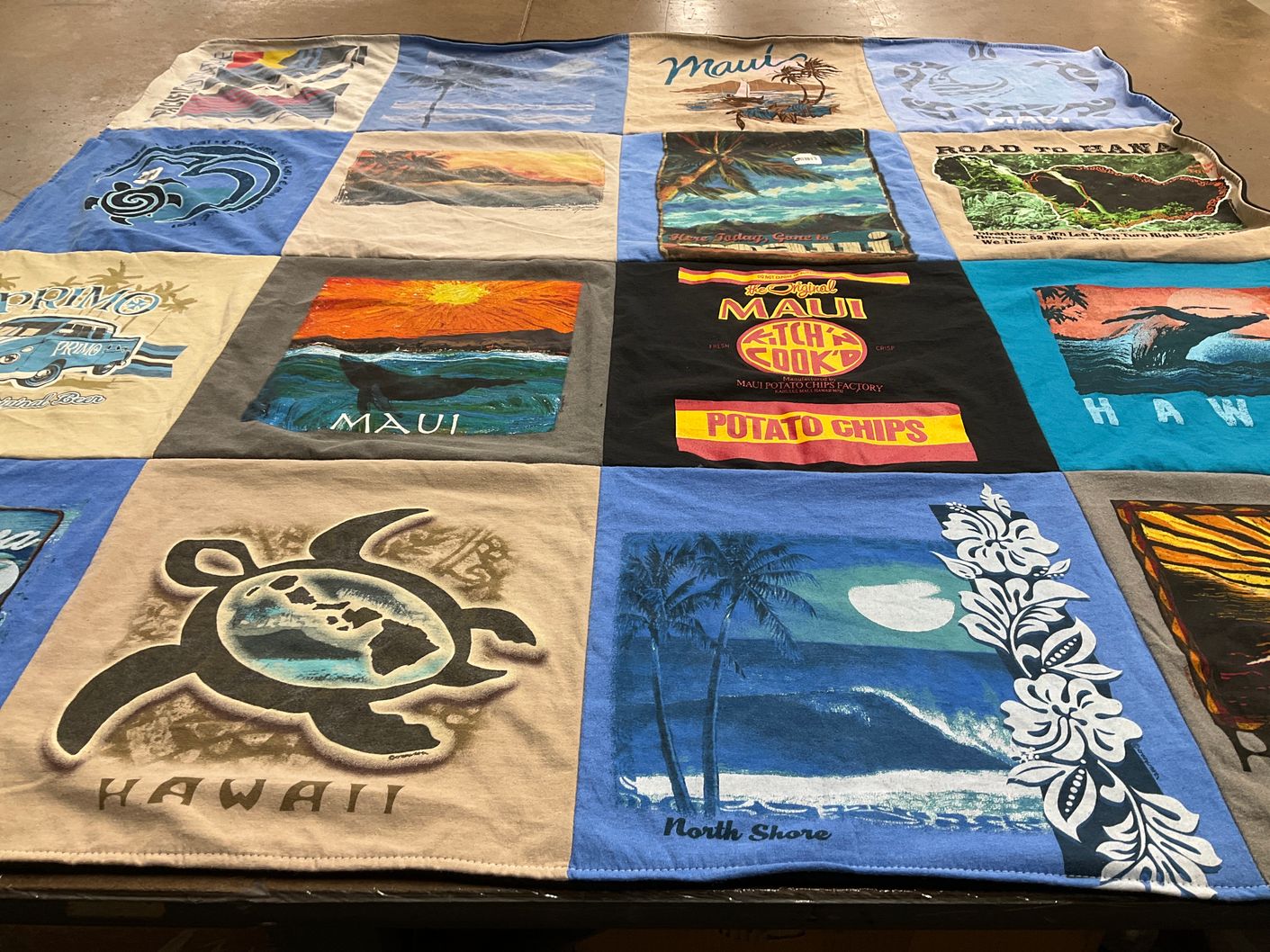 T-shirt quilt with travel, beaches themes by Donna from CA