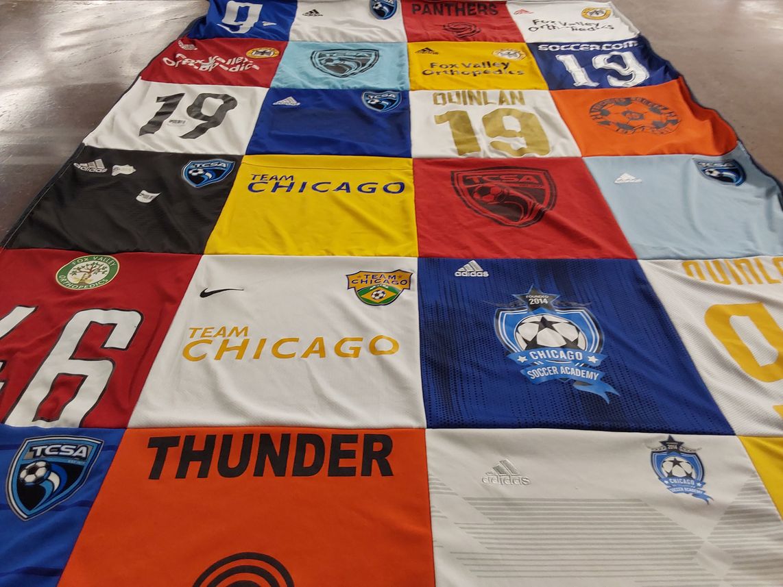 T-shirt quilt with soccer themes by Jamie from IL