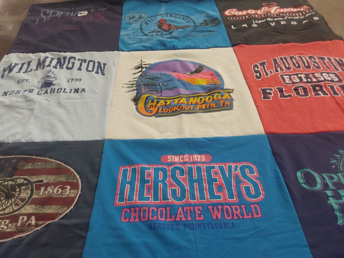 T-shirt quilt with travel, tourism themes by Brenda from OH