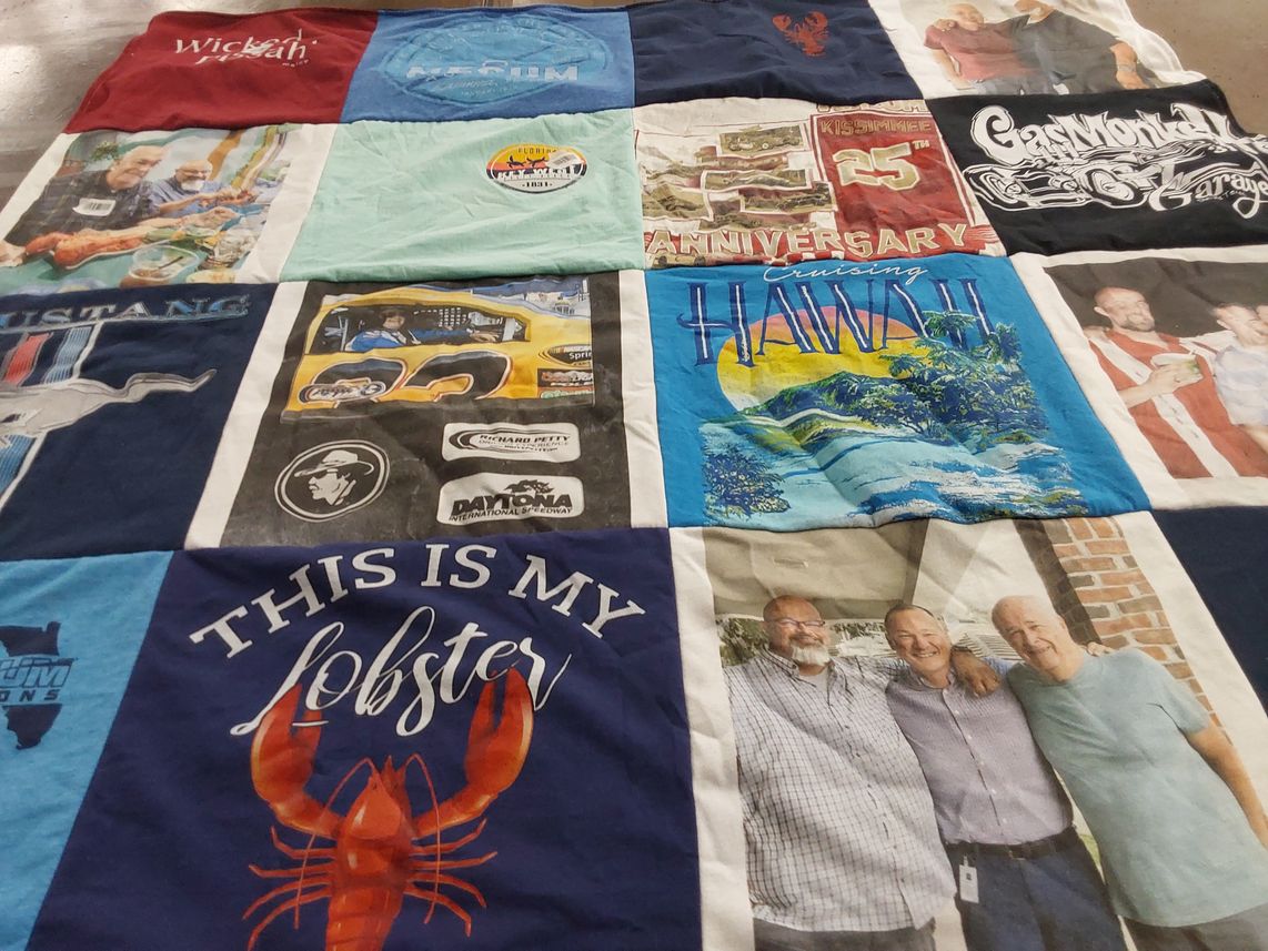 T-shirt quilt with cars, lobsters themes by Margaret from FL