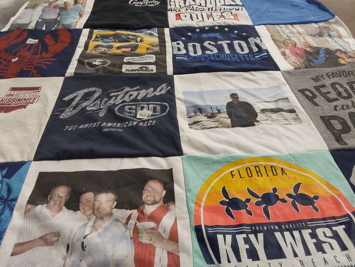 T-shirt quilt with racing, beaches themes by Margaret from FL