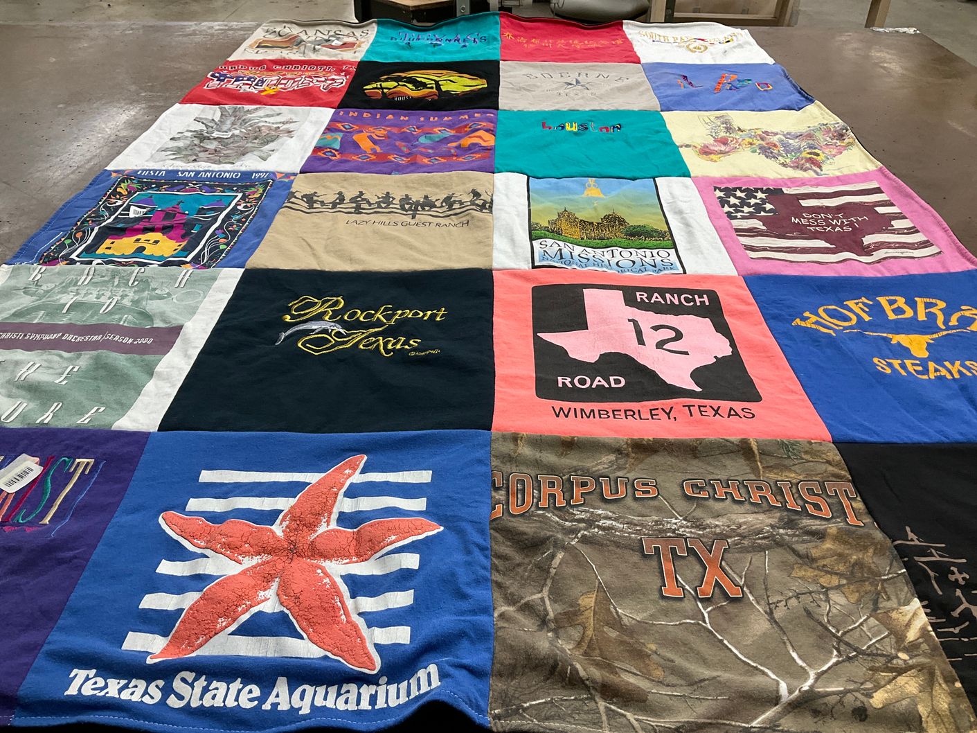 T-shirt quilt with texas tourism, marine life themes by Joan from TX