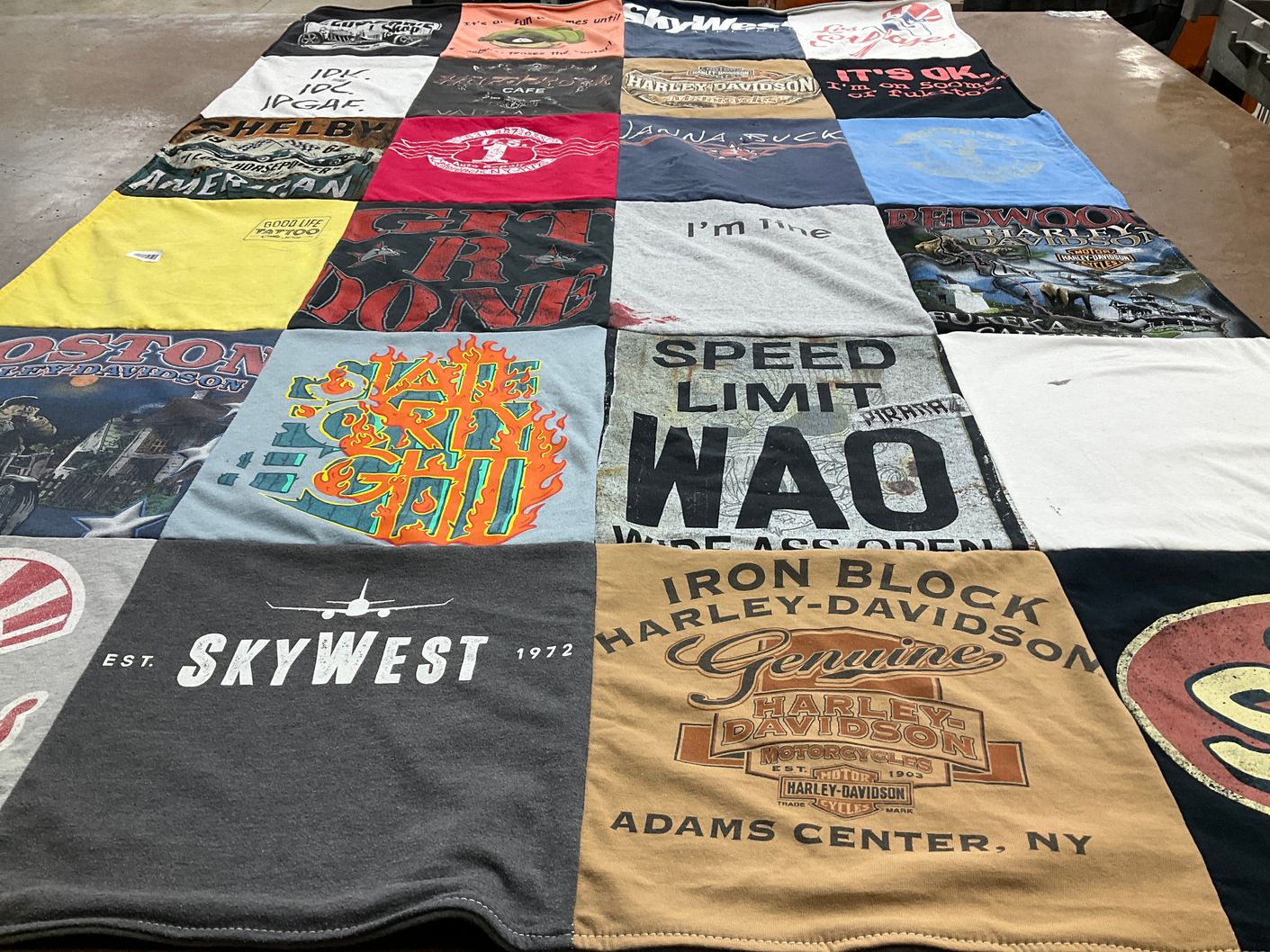 T-shirt quilt with motorcycles, air travel themes by Barbara from FL
