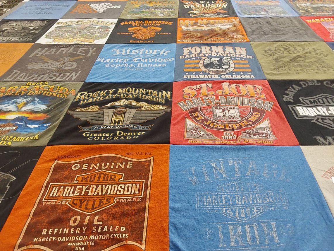 T-shirt quilt with motorcycles, biking themes by Kevin from MO