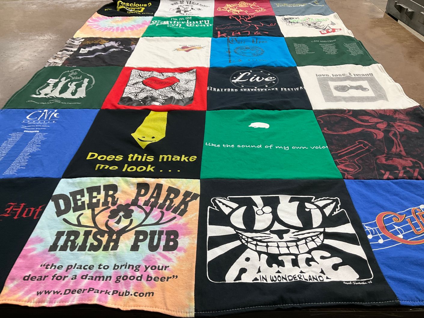 T-shirt quilt with theater, beer themes by kathy & david from NY