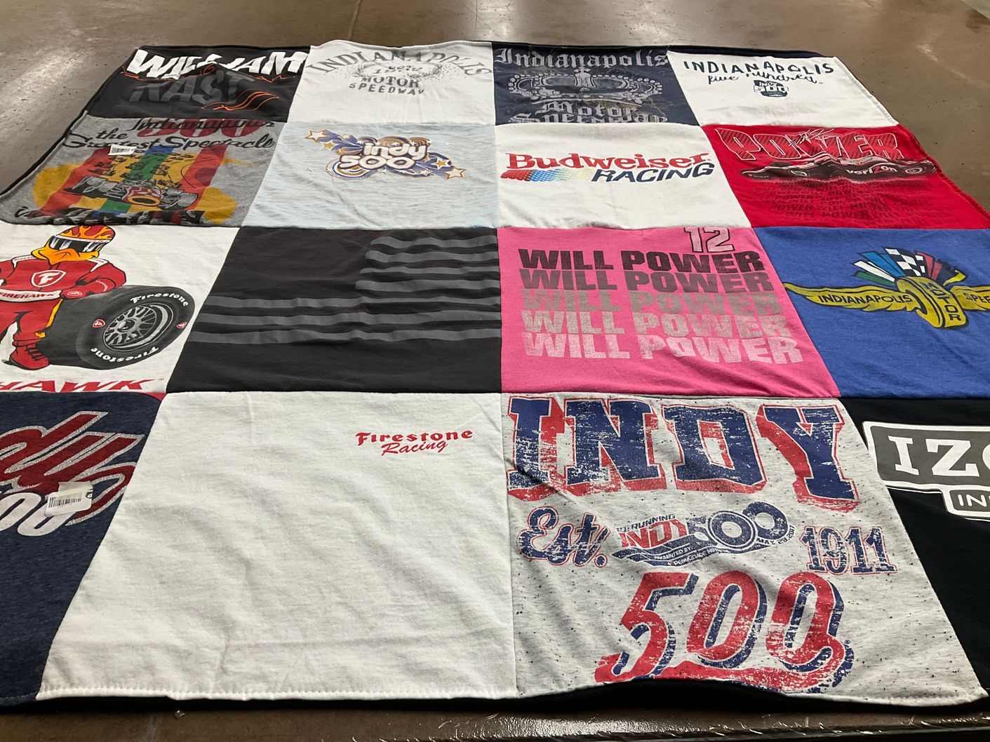T-shirt quilt with racing, motorsports themes by Roberta from IN