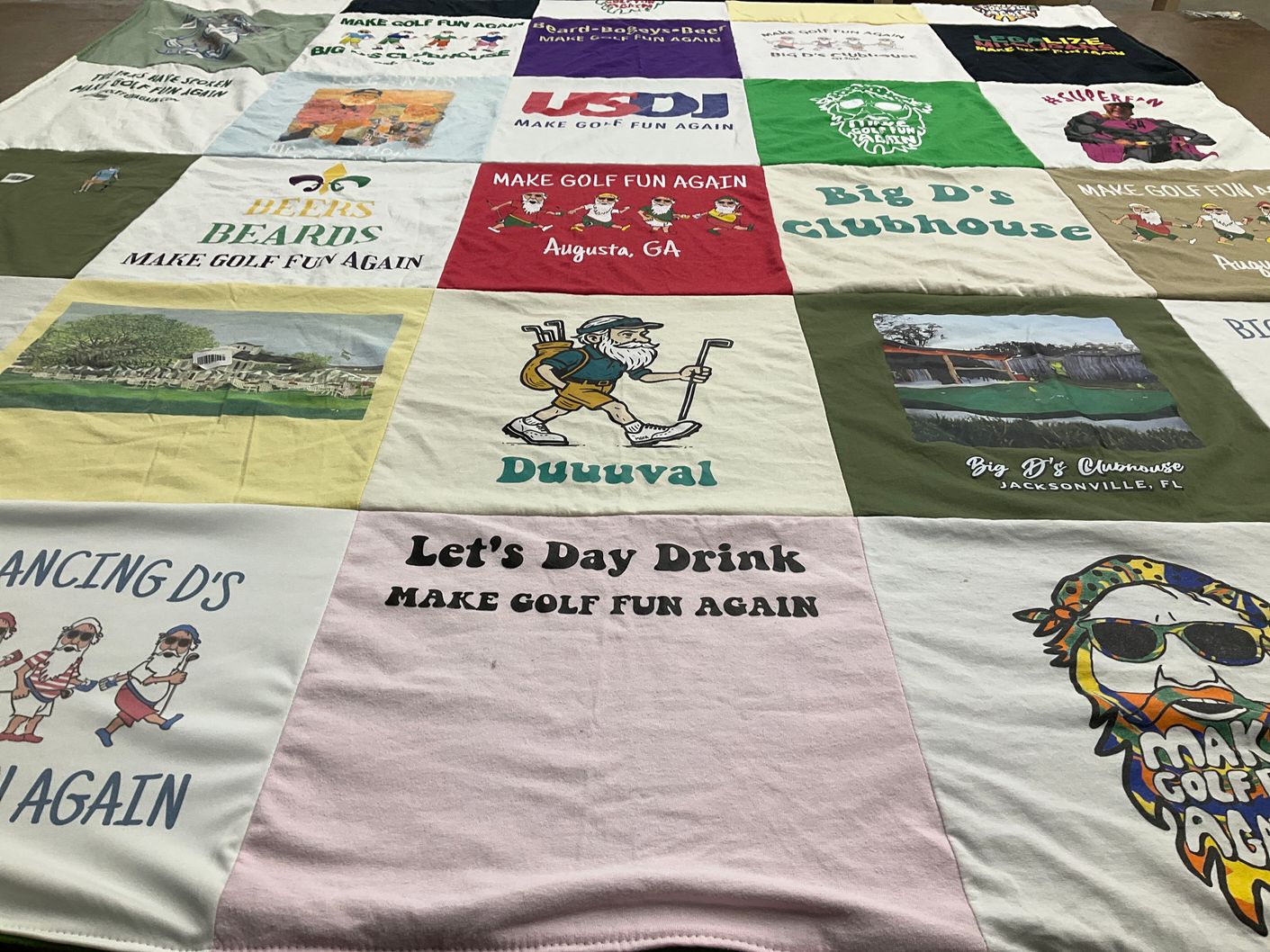 T-shirt quilt with golfing, drinking themes by Lock from FL