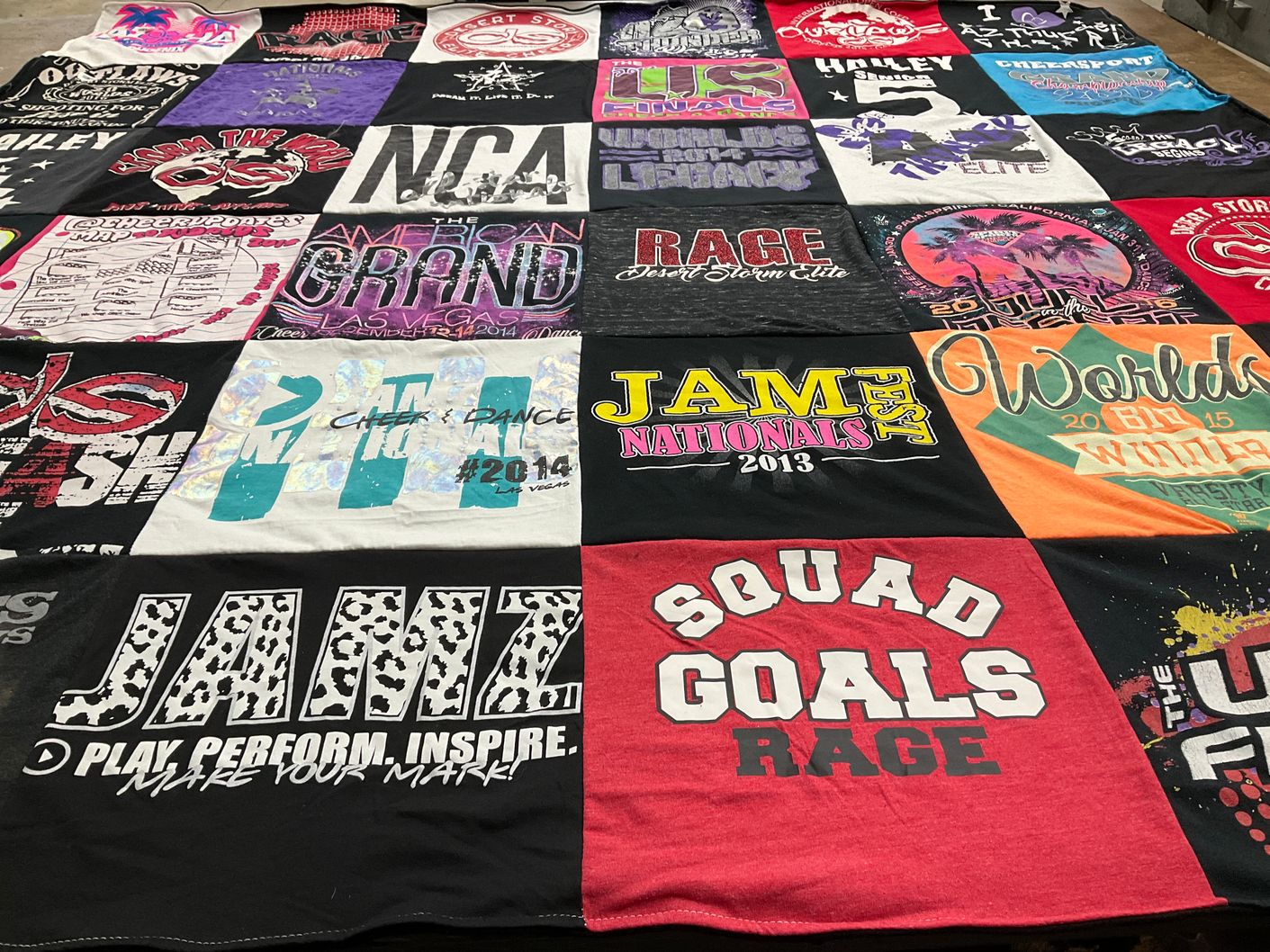 T-shirt quilt with cheerleading, dance themes by Sabrina from OH