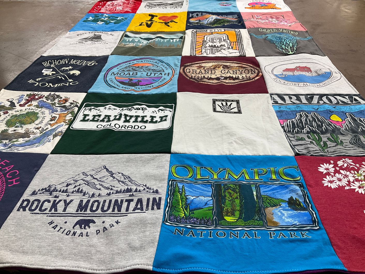 T-shirt quilt with national parks, travel themes by Darlene from MD