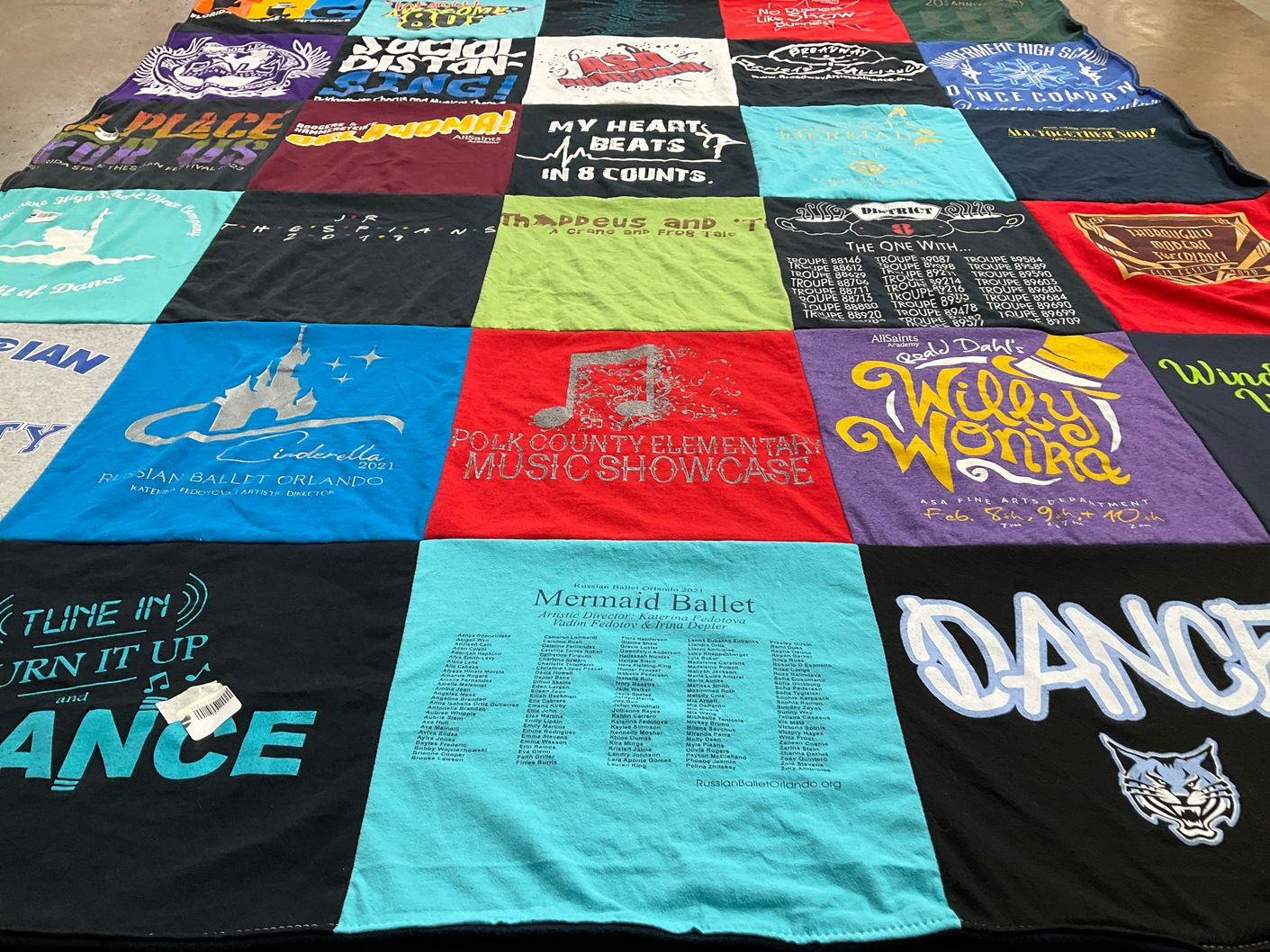T-shirt quilt with dance, theater themes by Cristina from FL
